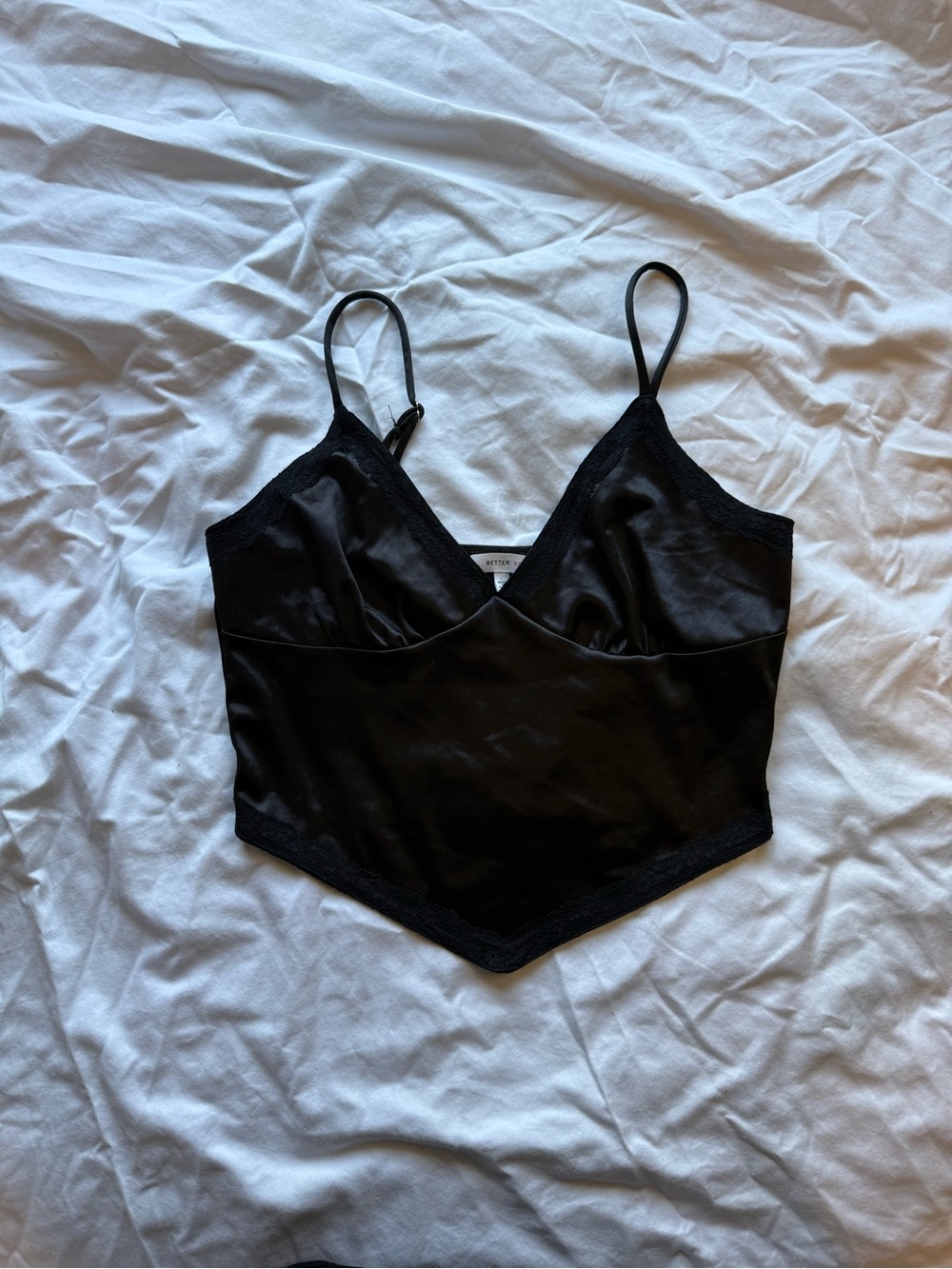 Better Be Black Satin & Lace Trim Handkerchief Crop Top Size Large